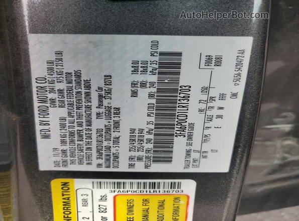 3FA6P0CD1LR136703 2020 FORD FUSION Charcoal Vista del compartimento del motor