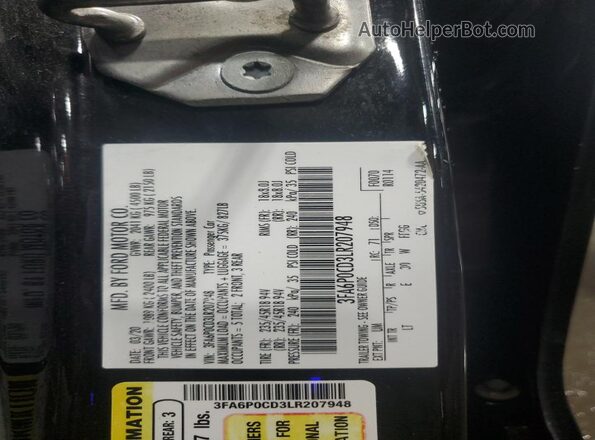 3FA6P0CD3LR207948 2020 FORD FUSION Black Vista del compartimento del motor