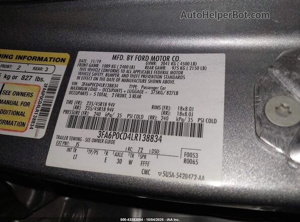 3FA6P0CD4LR138834 2020 FORD FUSION Silver Widok komory silnika