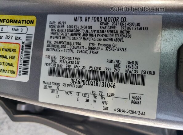 3FA6P0CDXLR131046 2020 FORD FUSION Silver Вид підкапотного простору