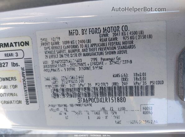 3FA6P0CDXLR151880 2020 FORD FUSION White Widok komory silnika