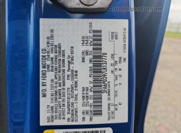 3FA6P0D97LR137770 2020 FORD FUSION Blue Vista del compartimento del motor
