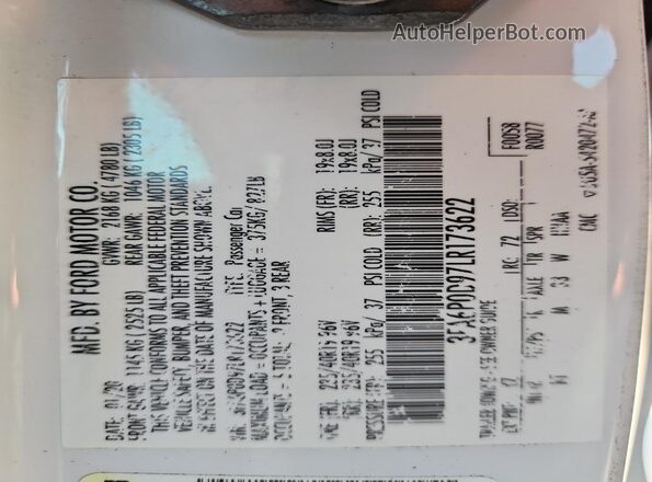 3FA6P0D97LR173622 2020 FORD FUSION White Vista de la etiqueta del VIN
