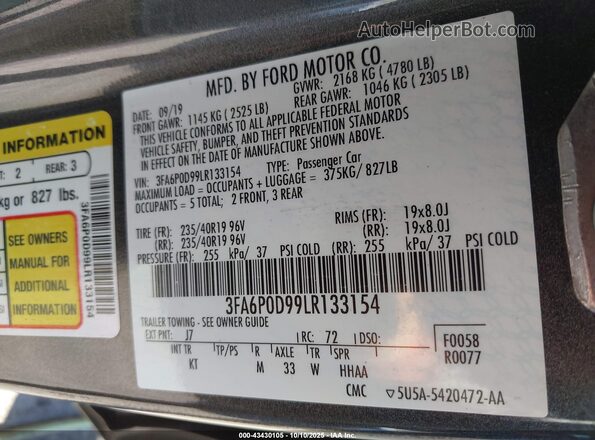 3FA6P0D99LR133154 2020 FORD FUSION Gray ძრავის განყოფილების ხედი