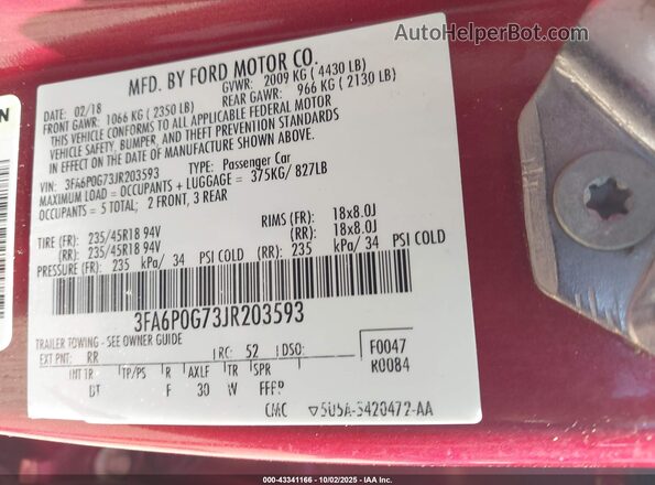 3FA6P0G73JR203593 2018 FORD FUSION Red 