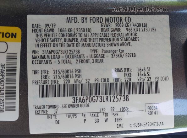 3FA6P0G73LR125738 2020 FORD FUSION Gray Շարժիչի բաժամունքի տեսք