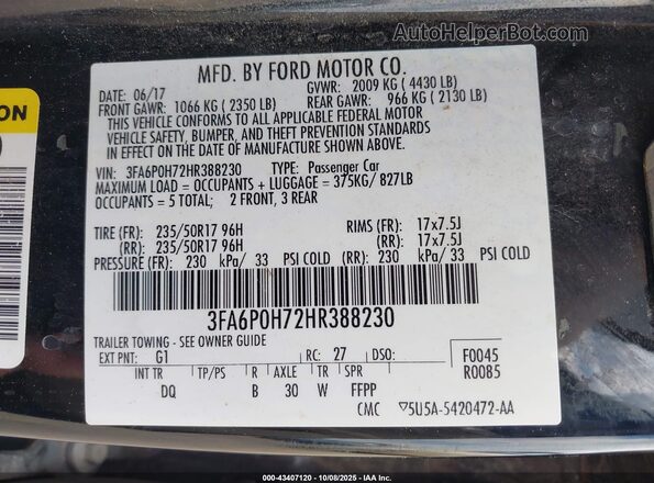 3FA6P0H72HR388230 2017 FORD FUSION Black ძრავის განყოფილების ხედი