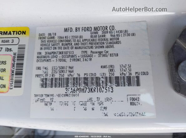 3FA6P0H73KR107513 2019 FORD FUSION HYBRID Teal 