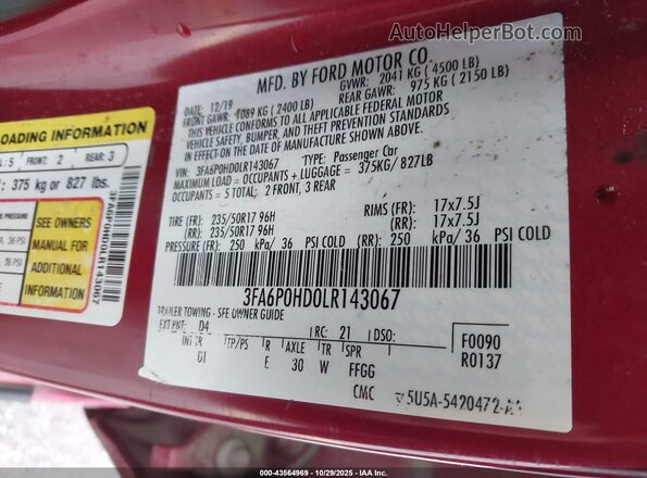 3FA6P0HD0LR143067 2020 FORD FUSION Красный Вид подкапотного пространства