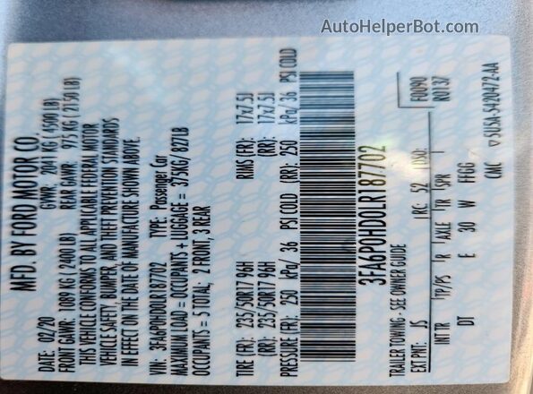 3FA6P0HD0LR187702 2020 FORD FUSION Silver Вид наклейки з VIN-кодом