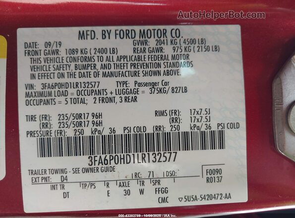 3FA6P0HD1LR132577 2020 FORD FUSION Maroon Vista del compartimento del motor
