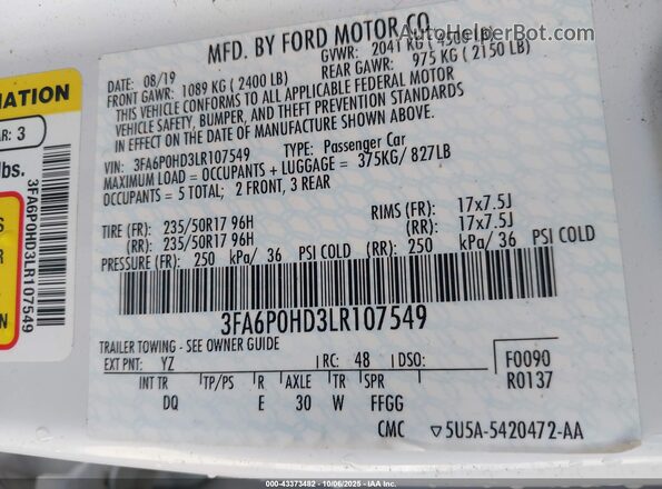 3FA6P0HD3LR107549 2020 FORD FUSION White Vista del compartimento del motor