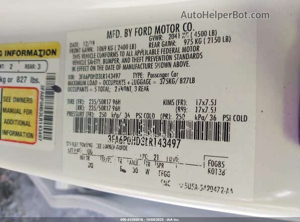 3FA6P0HD3LR143497 2020 FORD FUSION White Widok komory silnika