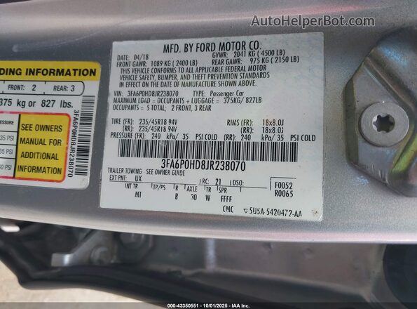 3FA6P0HD8JR238070 2018 FORD FUSION Silver 