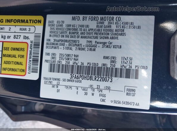 3FA6P0HD8LR220073 2020 FORD FUSION Blue Вид підкапотного простору
