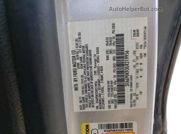 3FA6P0K93GR219956 2016 FORD FUSION Silver Widok komory silnika