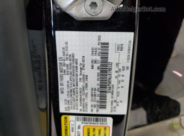3FA6P0K96LR198532 2020 FORD FUSION Black Engine compartment view