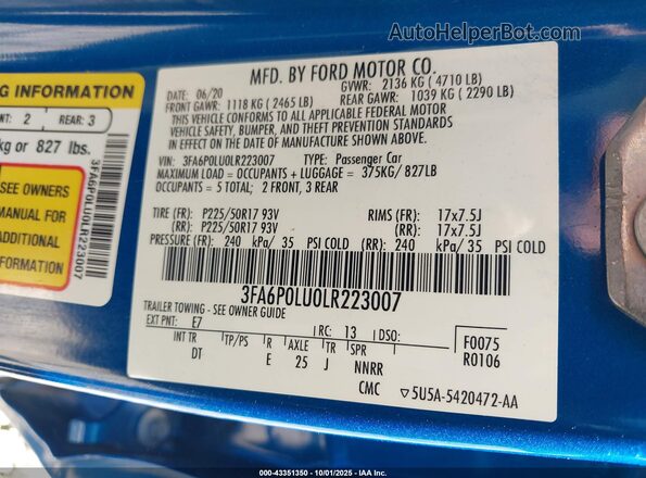 3FA6P0LU0LR223007 2020 FORD FUSION Blue Vista del compartimento del motor