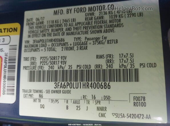 3FA6P0LU1HR400686 2017 FORD FUSION HYBRID Blue Widok komory silnika