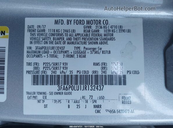3FA6P0LU1JR132437 2018 FORD FUSION HYBRID Silver Widok komory silnika