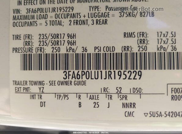 3FA6P0LU1JR195229 2018 FORD FUSION HYBRID White Engine compartment view