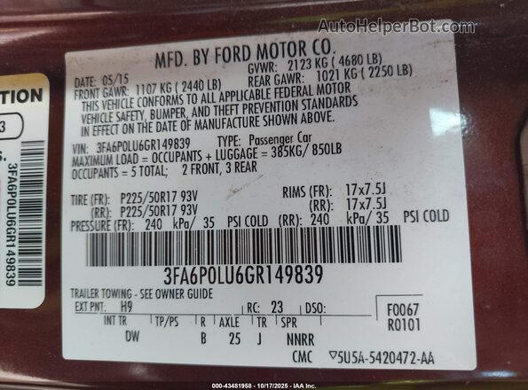 3FA6P0LU6GR149839 2016 FORD FUSION HYBRID Red Widok komory silnika