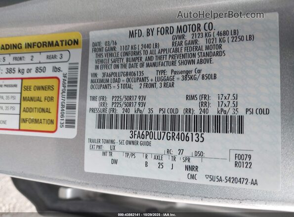 3FA6P0LU7GR406135 2016 FORD FUSION HYBRID Silver Widok komory silnika