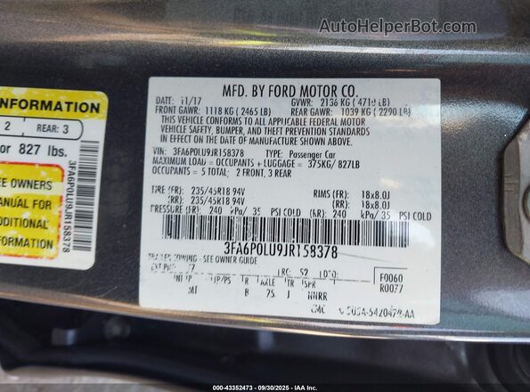 3FA6P0LU9JR158378 2018 FORD FUSION HYBRID Gray 