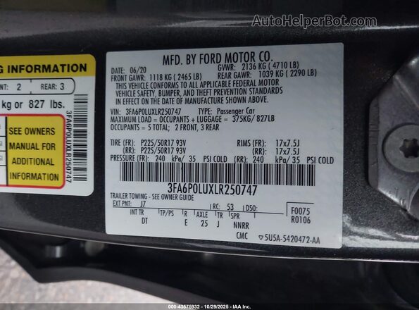 3FA6P0LUXLR250747 2020 FORD FUSION Gray Vista del compartimento del motor