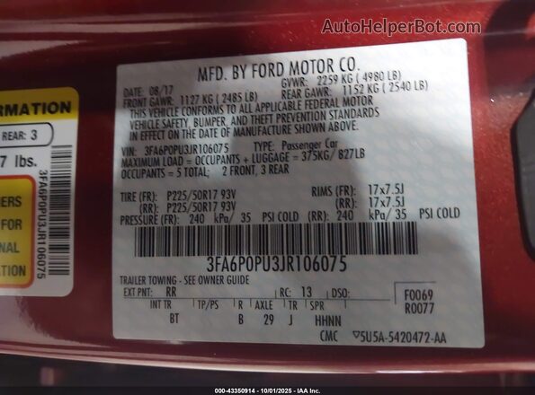 3FA6P0PU3JR106075 2018 FORD FUSION ENERGI Red 