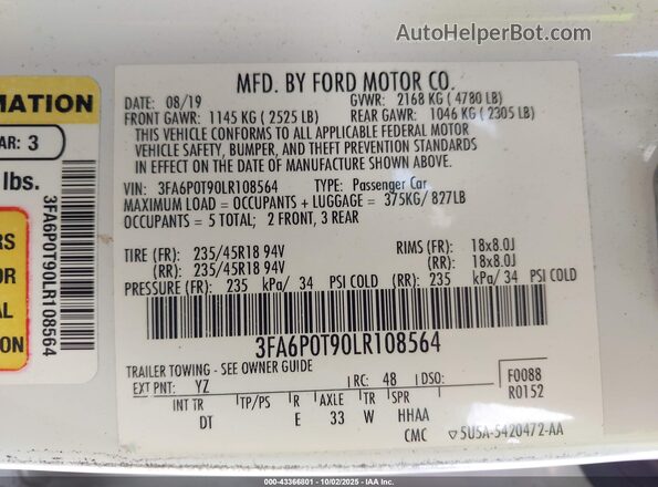 3FA6P0T90LR108564 2020 FORD FUSION White Vista del compartimento del motor