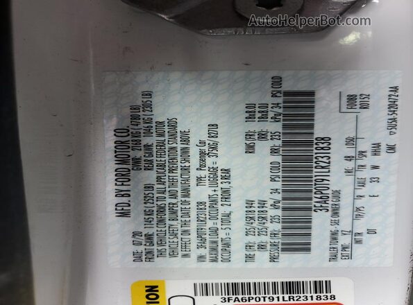 3FA6P0T91LR231838 2020 FORD FUSION White Widok komory silnika