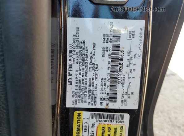 3FA6P0T92LR180608 2020 FORD FUSION Black Engine compartment view