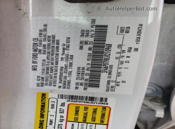 3FA6P0T98LR210968 2020 FORD FUSION White Engine compartment view