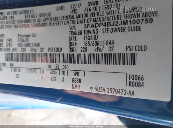 3FADP4BJ2JM100759 2018 FORD FIESTA Blue Widok komory silnika