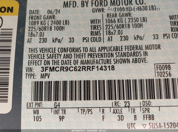 3FMCR9C62RRF14318 2024 FORD BRONCO SPORT Синий 