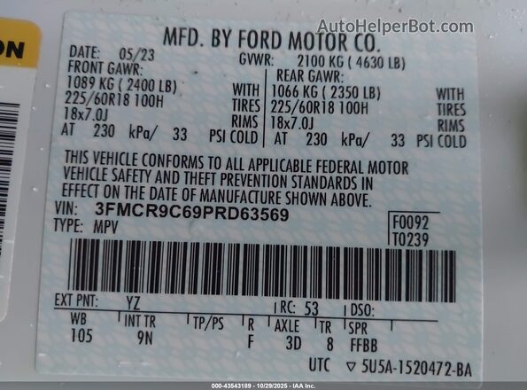 3FMCR9C69PRD63569 2023 FORD BRONCO SPORT White Շարժիչի բաժամունքի տեսք