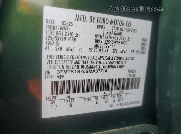 3FMTK1R45SMA07718 2025 FORD MUSTANG Green VIN კოდის სტიკერის ხედი