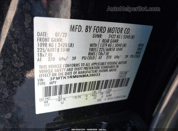 3FMTK1RM6NMA39033 2022 FORD MUSTANG MACH-E Black Widok komory silnika