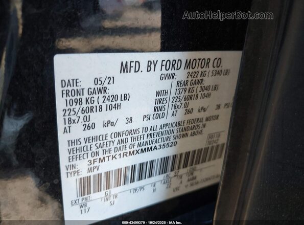 3FMTK1RMXMMA35520 2021 FORD MUSTANG MACH-E Black Շարժիչի բաժամունքի տեսք