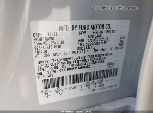 3FMTK1SS8MMA60652 2021 FORD MUSTANG MACH-E White ძრავის განყოფილების ხედი