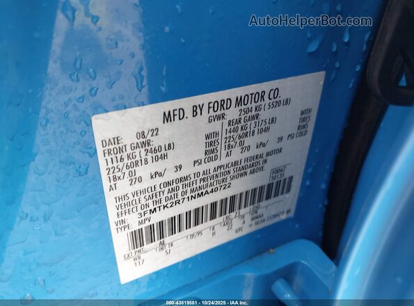 3FMTK2R71NMA40722 2022 FORD MUSTANG MACH-E Blue 