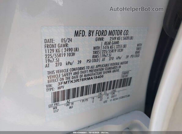 3FMTK3R78RMA18406 2024 FORD MUSTANG MACH-E PREMI White Vista del compartimento del motor