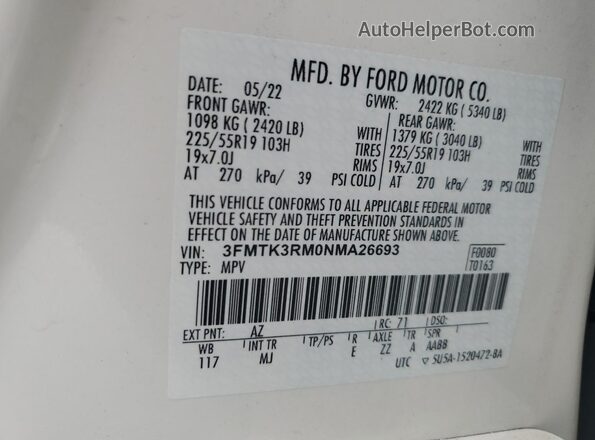 3FMTK3RM0NMA26693 2022 FORD MUSTANG MACH-E PREMI White VIN კოდის სტიკერის ხედი