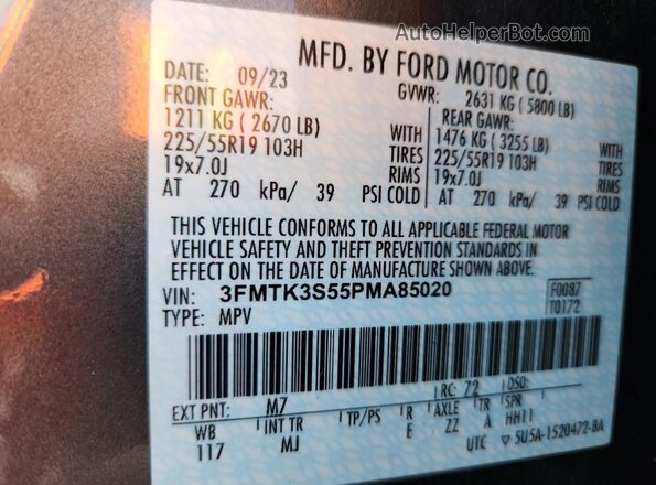 3FMTK3S55PMA85020 2023 FORD MUSTANG MACH-E PREMI Серый Вид наклейки с VIN-кодом