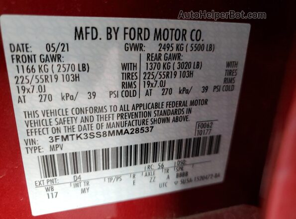 3FMTK3SS8MMA28537 2021 FORD MUSTANG MACH-E PREMI Red Սալոնի 360 աստիճան տեսք