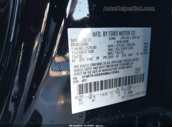 3FMTK3SS8NMA15594 2022 FORD MUSTANG MACH-E PREMI Black Vista del compartimento del motor
