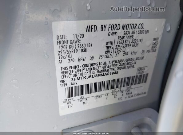 3FMTK3SU2MMA01948 2021 FORD MUSTANG MACH-E PREMI White ძრავის განყოფილების ხედი