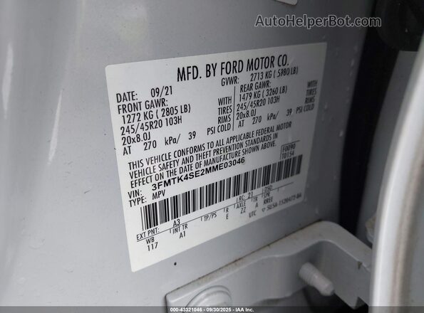 3FMTK4SE2MME03046 2021 FORD MUSTANG MACH-E White Vista del compartimento del motor