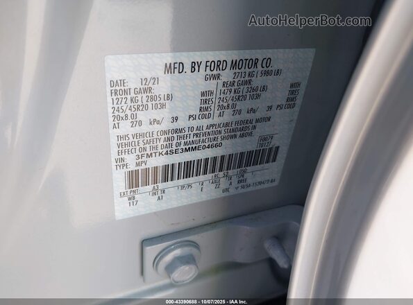 3FMTK4SE3MME04660 2021 FORD MUSTANG MACH-E White Engine compartment view